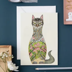 Watercolor Cat in a Rose Garden Greeting Card- Greeting Cards