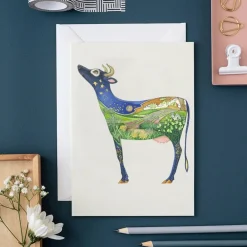 Watercolor Cow Looking at the Moon Greeting Card- Greeting Cards