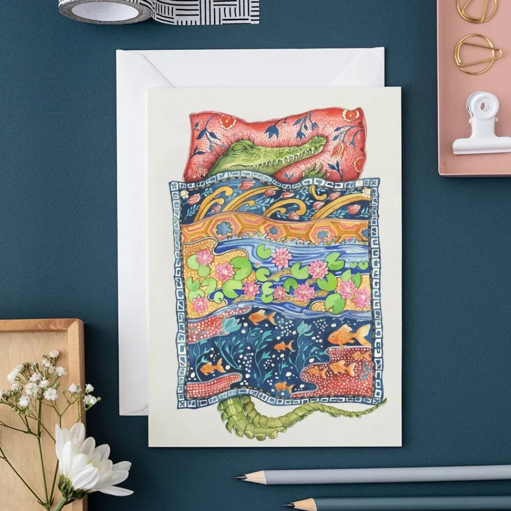 Watercolor Crocodile Asleep Greeting Card- Greeting Cards