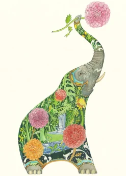 Watercolor Elephant with Flowers Greeting Card- Greeting Cards
