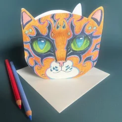 Watercolor Orange Cat Face Die Cut Greeting Card- Greeting Cards