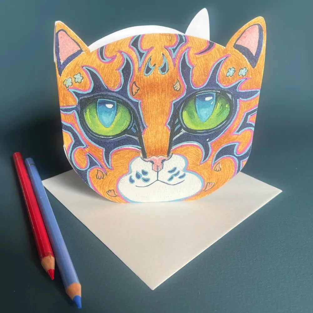 Watercolor Orange Cat Face Die Cut Greeting Card- Greeting Cards