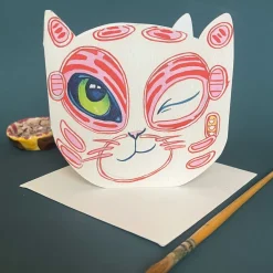 Watercolor Winking Cat Face Die Cut Greeting Card- Greeting Cards