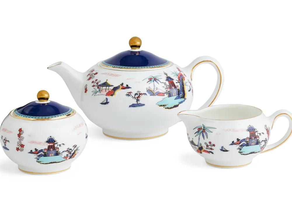 Wedgwood Wonderlust Blue Pagoda 3 Piece Set Boxed (Teapot, Cream & Sugar)- Tea Sets|Teapots