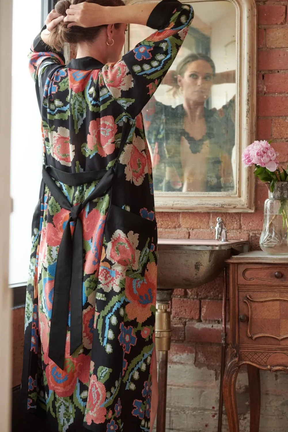 Woven Flower Black Crepe Robe Gown- Robes, Nightgowns & Dresses