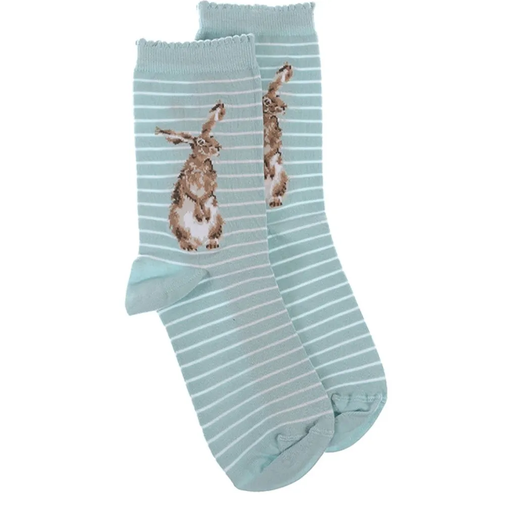 Wrendale 'Hare & the Bee' Hare Striped Pale Blue Women's Socks- Socks