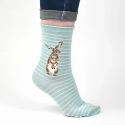 Wrendale 'Hare & the Bee' Hare Striped Pale Blue Women's Socks- Socks