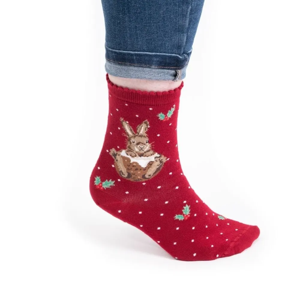 Wrendale 'Little Pudding' Christmas Rabbit Red Women's Socks- Socks