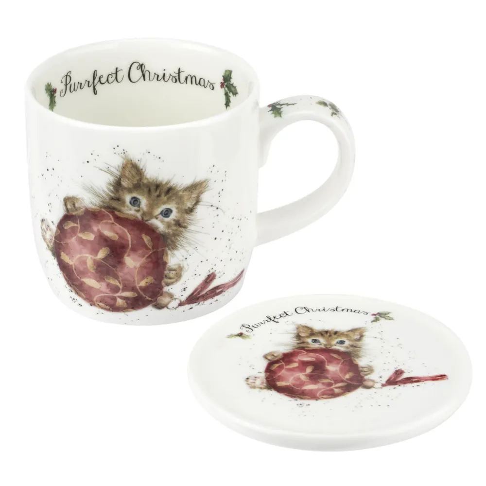Wrendale Mug & Coaster Set Purrfect Christmas- Assorted Mugs